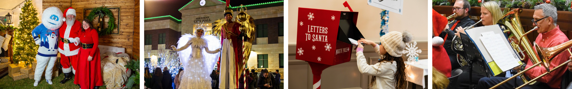 Photos from Night of Lights: Yeti mascot with Santa & Mrs. Claus, Stilt Walkers, Letters to Santa, Orchestra playing music