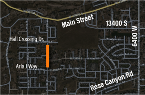 Map focused on western Herriman with an orange-colored line between Hall Crossing Drive and Arla J. Way indicating the location of the 7300 West project.