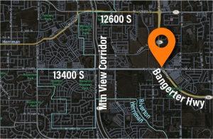 Map focused on eastern Herriman and western Riverton with an orange-colored dot indicating the location of the interchange project.