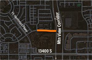 Map focused on eastern Herriman with an orange-colored line between Fort Herriman Parkway and Mountain View Corridor indicating the location of the 13200 South project.