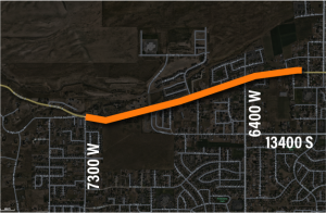 Map focused on central Herriman with an orange-colored line between 7300 West and 6225 West indicating the location of the Main Street project.