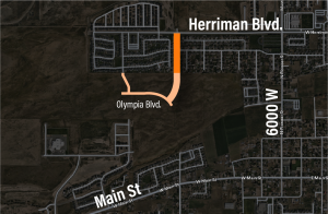 Map focused on western Herriman with an orange-colored line south of Herriman Boulevard to Olympia Blvd. indicating the location of the 6400 West project.