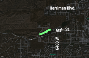 Map focused on central Herriman with a green-highlighted line indicating the location of the Hidden Oaks trail landscaping project.