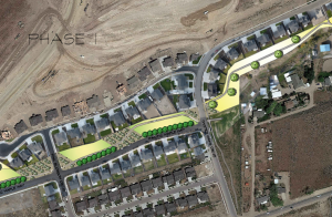 Screenshot of a PDF map showing the area of the landscaping project with green space and trees included