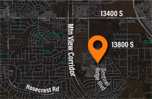 Map focused on eastern Herriman and western Riverton with an orange-colored dot indicating the location of the traffic signal project.