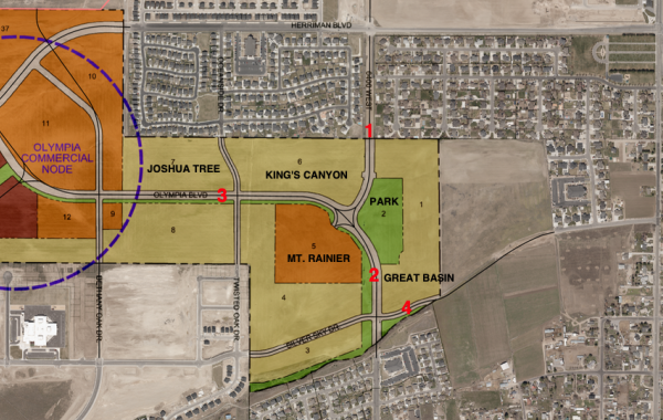 A map showing the general locations of the first four Olympia development subdivisions