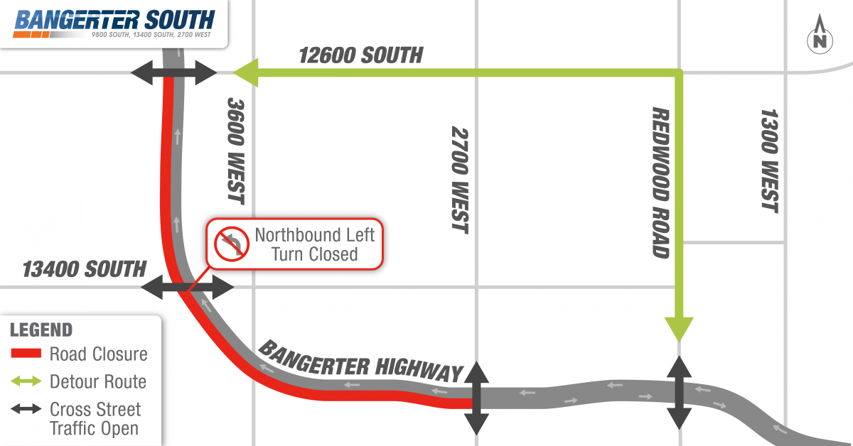 Map showing lane closures on Bangerter Highway between 12600 South and 2700 West.