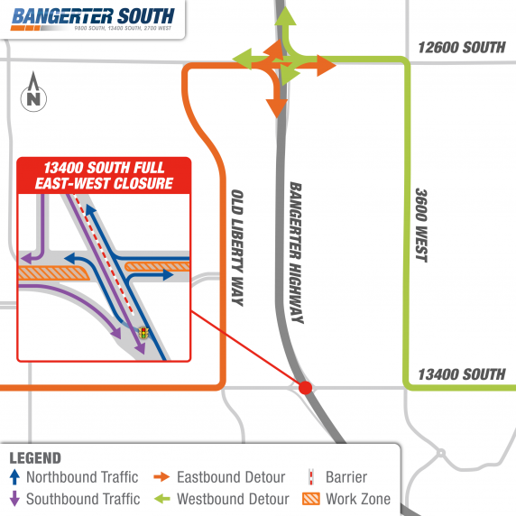 Closure of 13400 S east/west traffic at Bangerter Highway