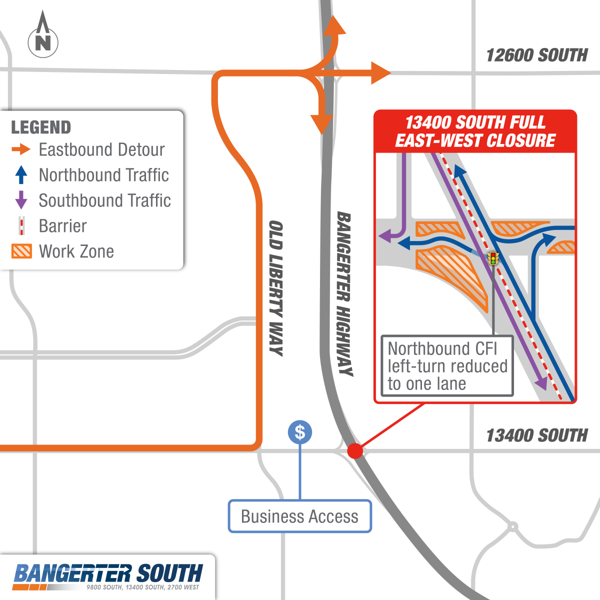 Map showing east/west traffic closures on 13400 South and Bangerter Highway with detours on 12600 South and Redwood Road.