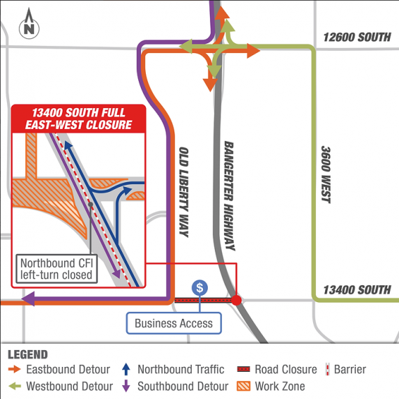 Closure of 13400 S east/west traffic at Bangerter Highway