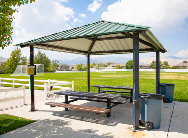 A small picnic pavilion at Umbria Estates Park in Herriman